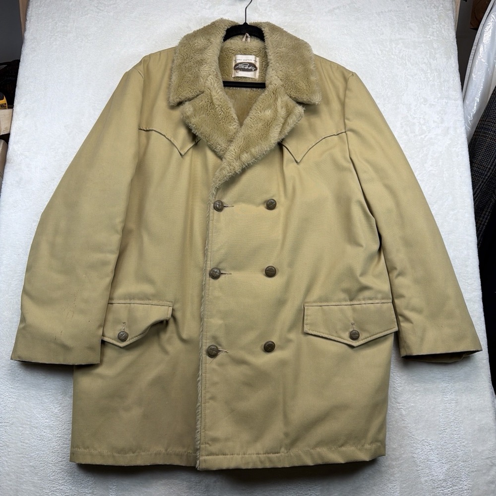 Vintage 70s Lasso Western Coat Mens 46 Sherpa Lined Ranch Cowboy Beige